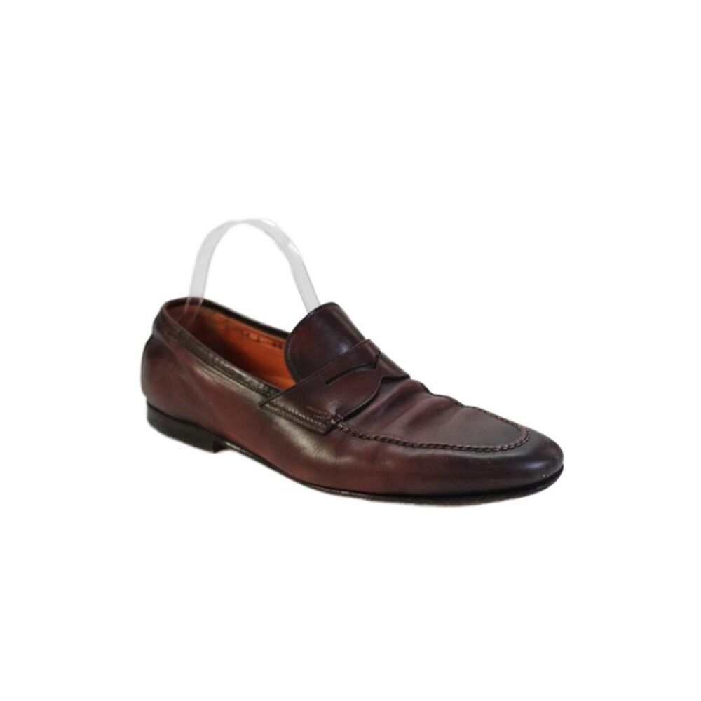Santoni Mens Leather Slide On Dress Shoe Loafers Cognac Brown Size 9